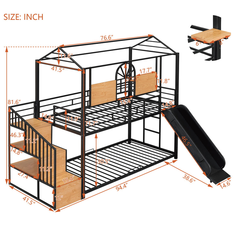 Metal Bunk Bed, Metal Housebed With Slide And Storage Stair