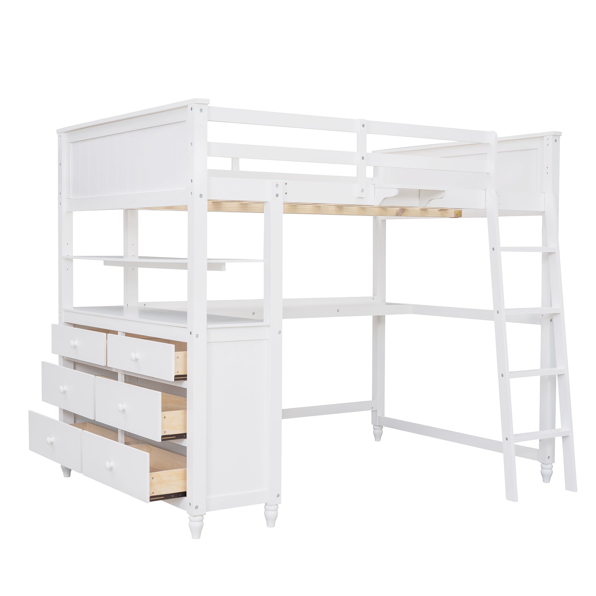 Full size Loft Bed with Drawers and Desk, Wooden Loft Bed with Shelves - White(OLD SKU:LT001529AAK) - Atlantic Fine Furniture Melbourne FL