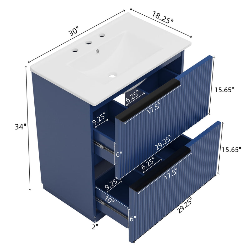 Fluted Bathroom Vanity With Ceramic Sink, Freestanding Cabinet
