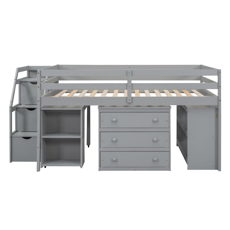 Loft Bed With Retractable Writing Desk And 3 Drawers With Storage Stairs And Shelves