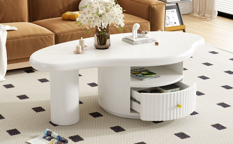 Cloud - Coffee Table, Irregular Shape Coffee Table With 1 Dreawer And Shelf For Living Room - White