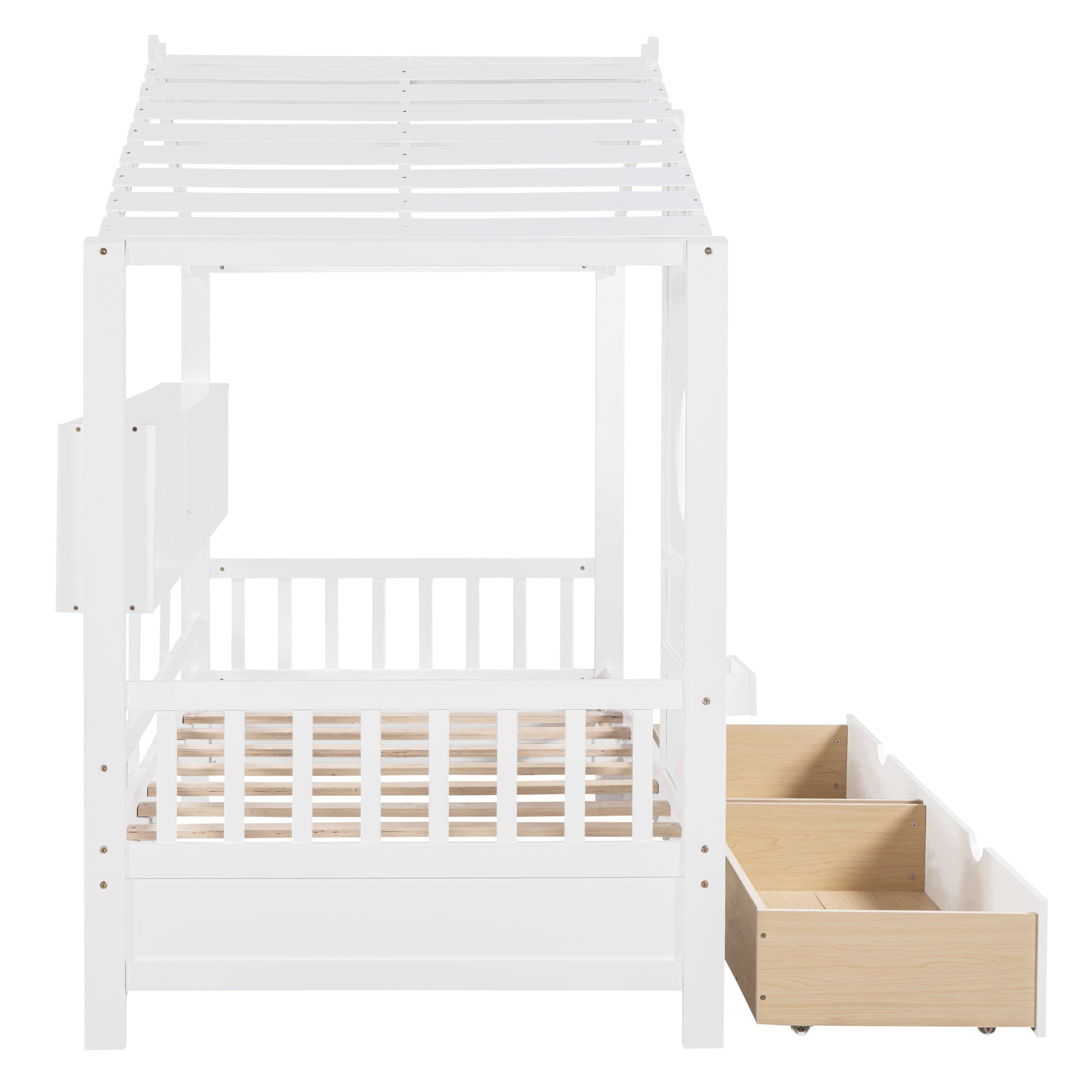 Wooden Twin Size House Bed with 2 Drawers,Kids Bed with Storage Shelf, White - Atlantic Fine Furniture Melbourne FL