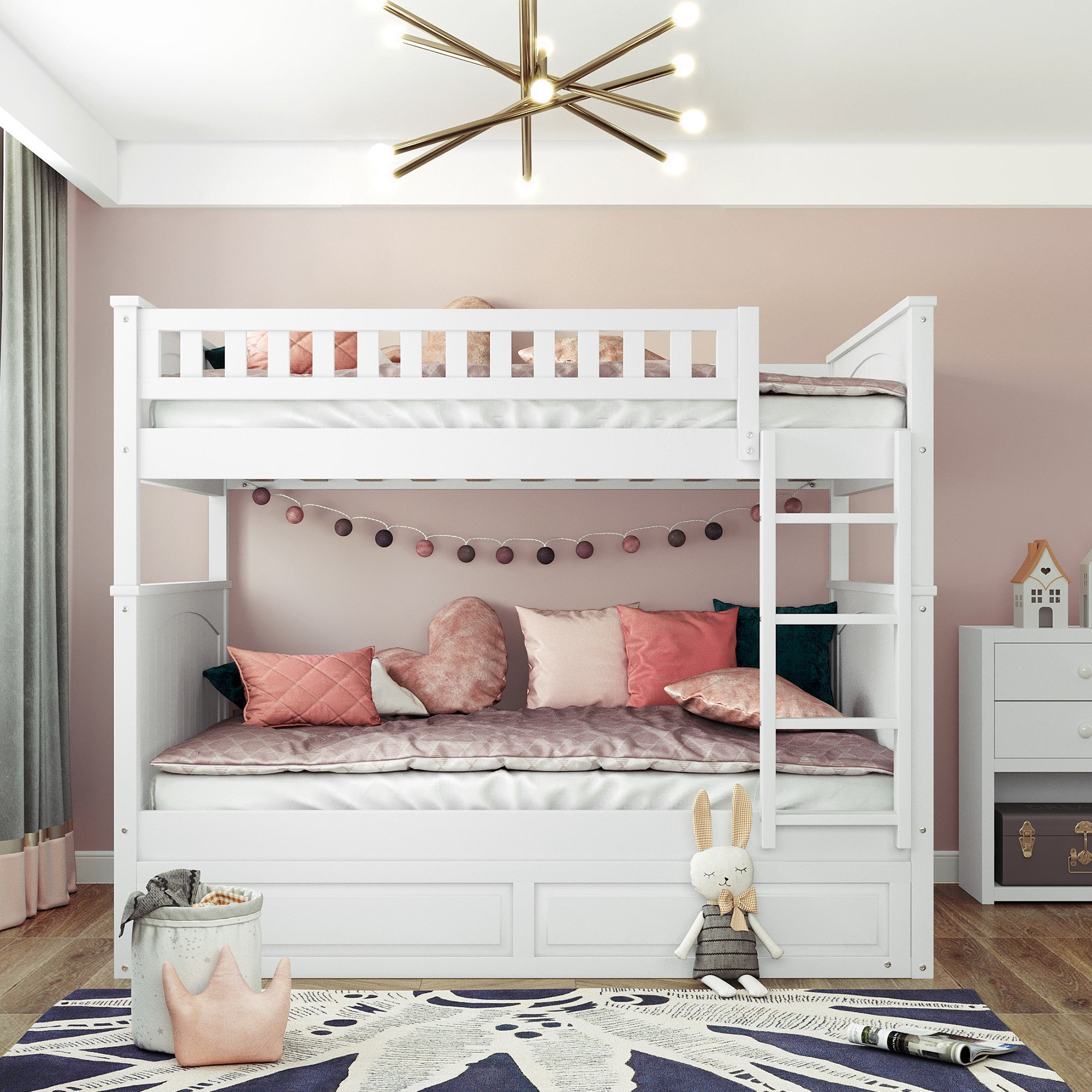 Full Over Full Bunk Bed with Twin Size Trundle, Pine Wood Bunk Bed with Guardrails, White (Old SKU:LP000044AAK) - Atlantic Fine Furniture Melbourne FL