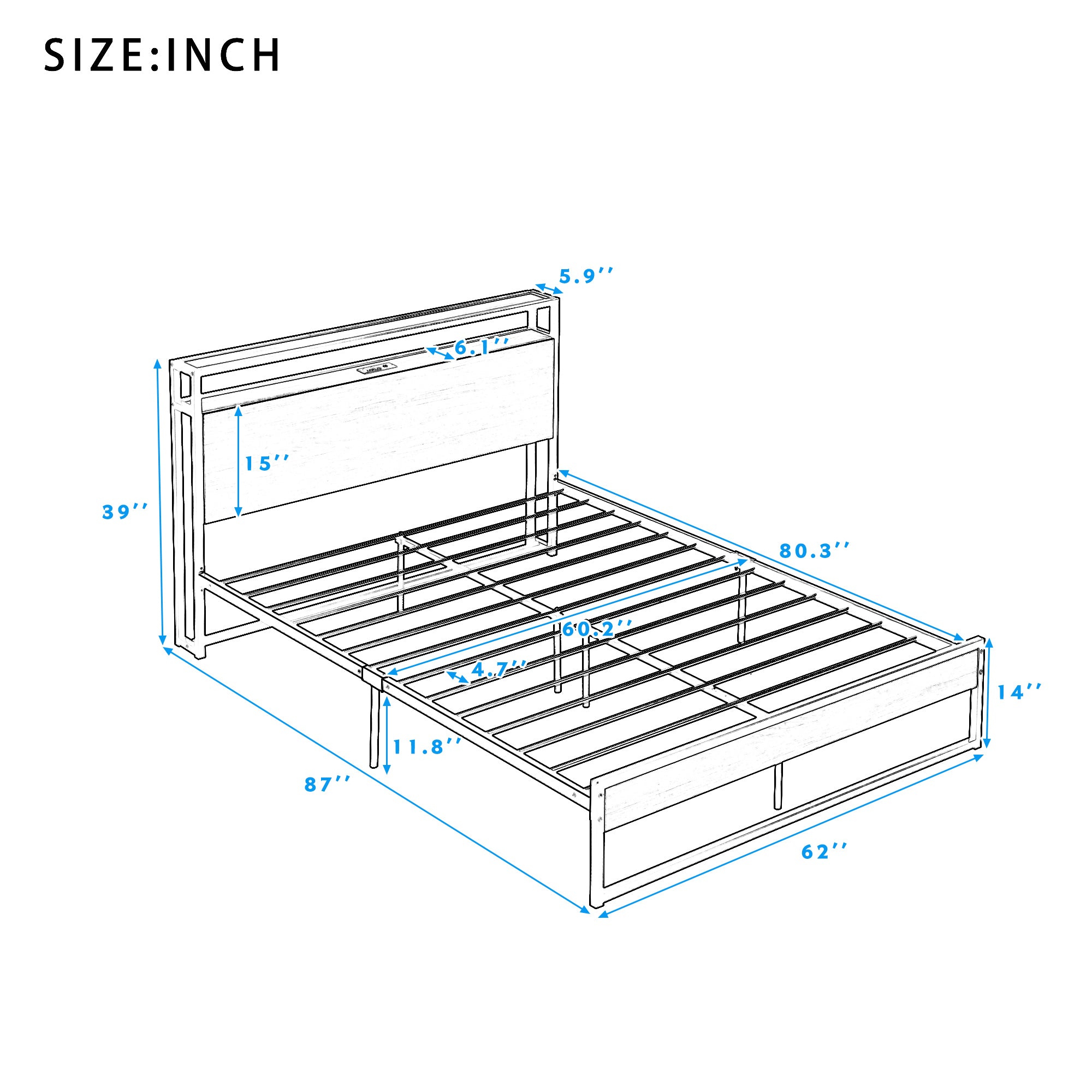 Queen Size Metal Platform Bed Frame with Sockets, USB Ports and Slat Support ,No Box Spring Needed White