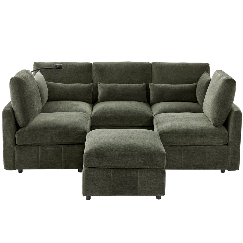 Modern Modular U-Shaped Sofa Bed With Movable Ottoman, USB Ports, Phone Holder