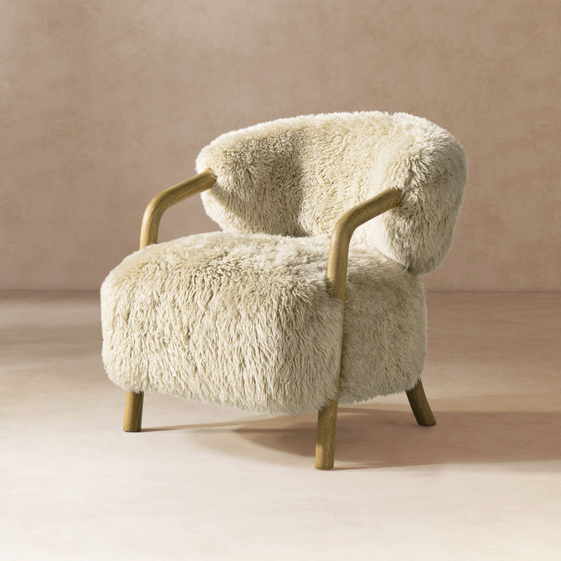 Becker - Rustic Oak Sheepskin Upholstered Accent Arm Chair - Taupe Beige