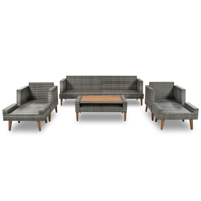 6 Pieces All Weather Sofa Set, Outdoor Rattan Sofa With Double Cushions