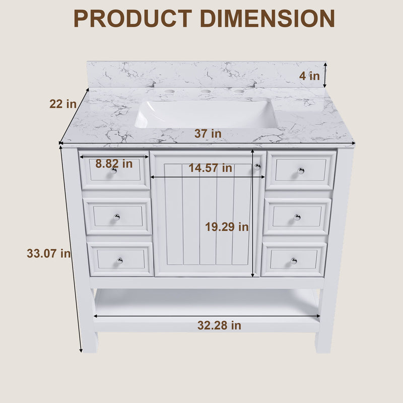 37" Bathroom Vanity With Artificial Marble Carrara Top, Multi Functional Cabinet With Doors And Drawer - White