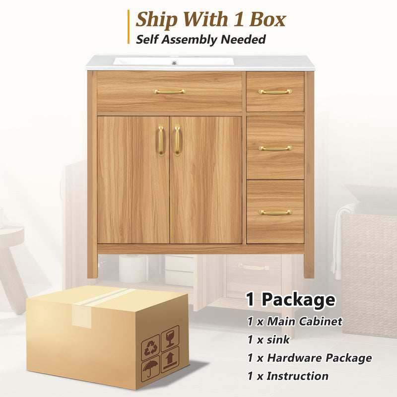 Bathroom Vanity, 2 Soft Close Doors, 3 Soft Close Drawers, Adjustable Shelf - Wood
