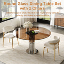 Round Glass Dining Table With Stainless Steel Legs And Chairs
