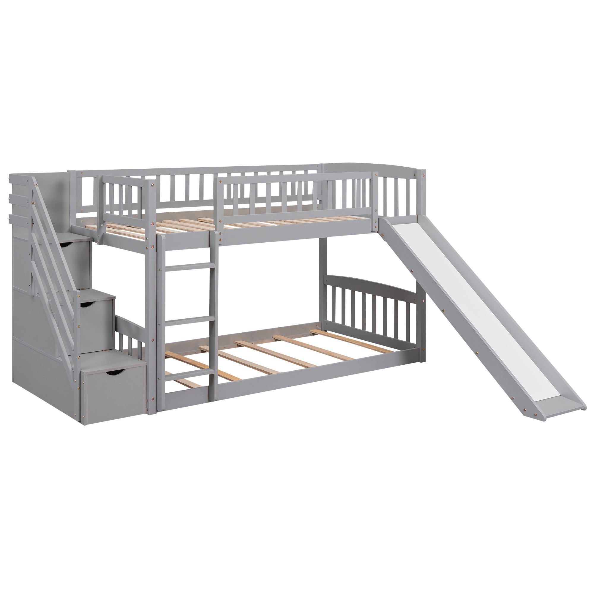 Stairway Twin over Twin Bunk Bed with Two Drawers and Slide, Gray(OLD SKU :LT000155AAE) - Atlantic Fine Furniture Melbourne FL