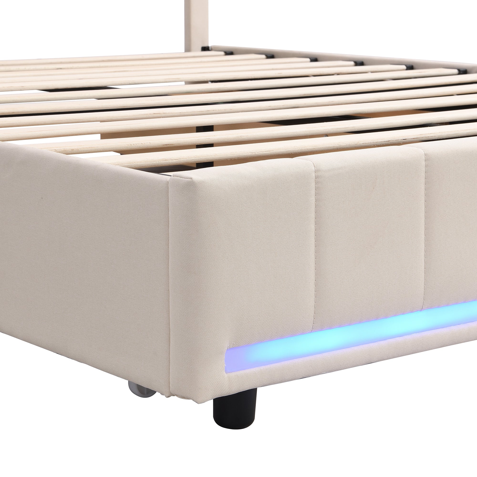 Queen Size Upholstered Bed with LED Light and 4 Drawers,  Modern Platform Bed with a set of Sockets and USB Ports, Linen Fabric, Beige - Atlantic Fine Furniture Melbourne FL