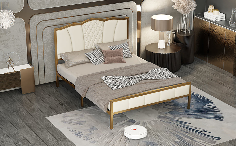 Full Size Bed Frame, Modern Upholstered Bed Frame with Tufted Headboard, Golden Metal Platform Bed Frame with Wood Slat Support, Noise Free, No Box Spring Needed,Beige