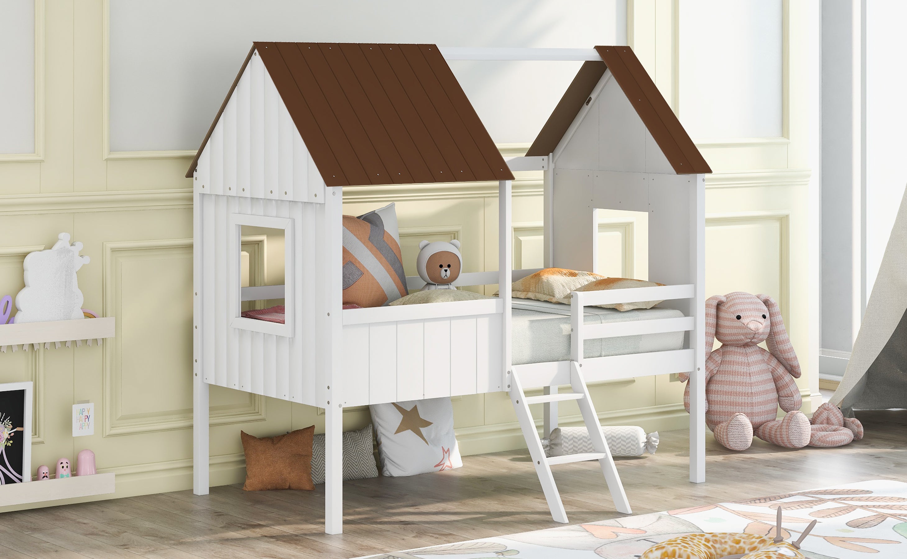 Twin Size Low Loft Wood House Bed with Two Side Windows  (White+Brown)(OLD SKU: LP000037AAD) - Atlantic Fine Furniture Melbourne FL