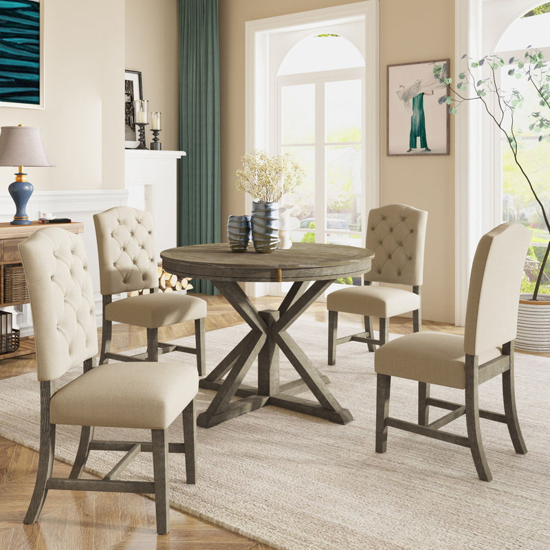 Functional Furniture Retro Style Dining Table Set With Extendable Table And 4 Upholstered Chairs For Dining Room And Living Room