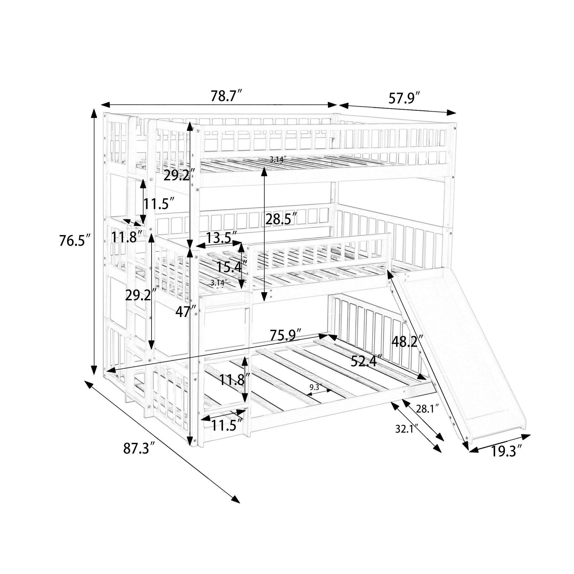 Full-Over-Full-Over-Full Triple Bed with Built-in Ladder and Slide , Triple Bunk Bed with Guardrails, Gray(OLD SKU :LP000052AAE) - Atlantic Fine Furniture Melbourne FL