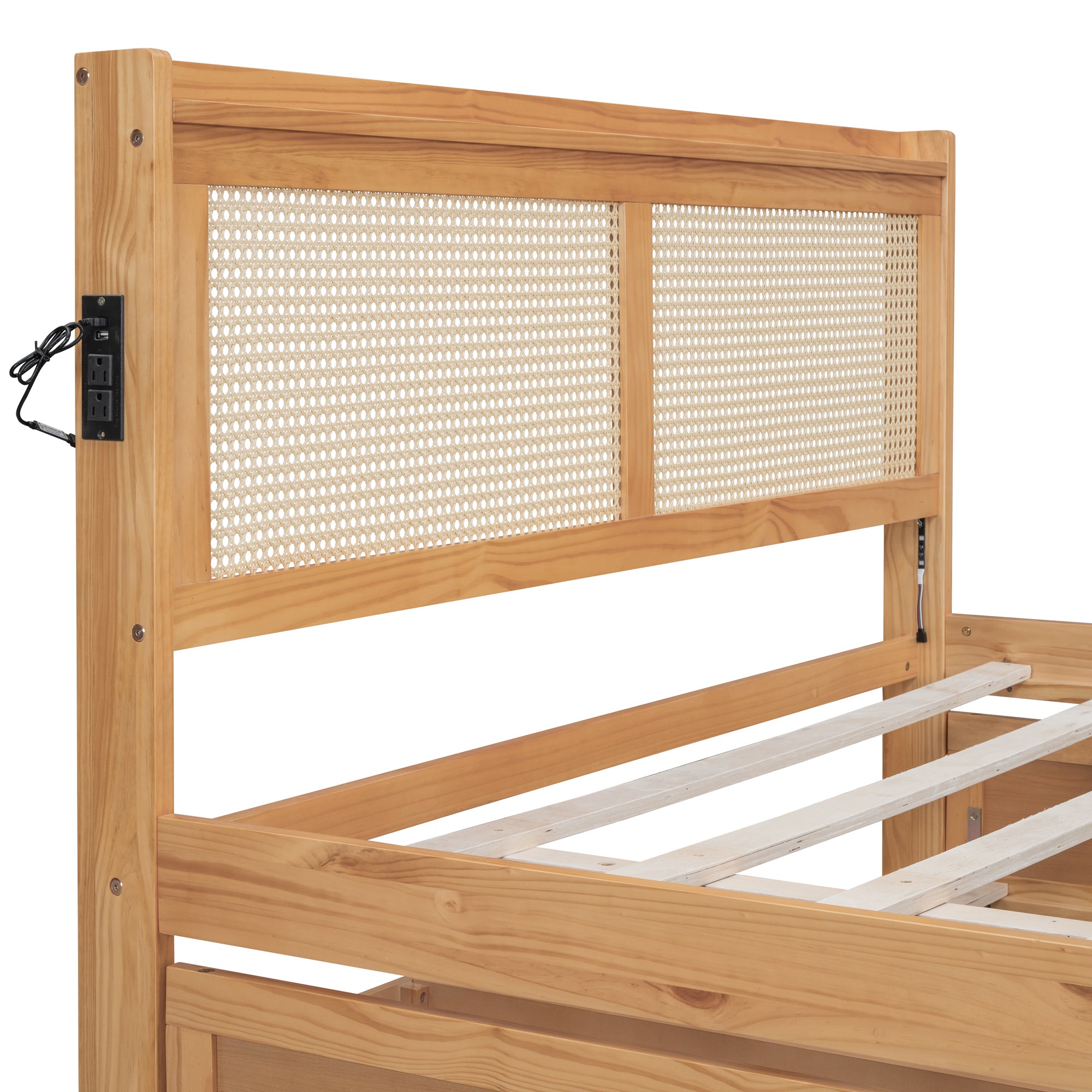 Queen Size Elegant Bed Frame with Rattan Headboard and Sockets ,Walnut - Atlantic Fine Furniture Melbourne FL