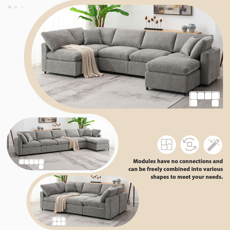 Modern Modular Cloud Sofa Bed, 6 Seat Chenille Sectional Couch Set With Ottoman, Free Combination, Convertible U Shaped Sleeper Sofa For Living Room