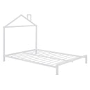 Full Size Metal Platform Bed with House-Shaped Headboard Design, White