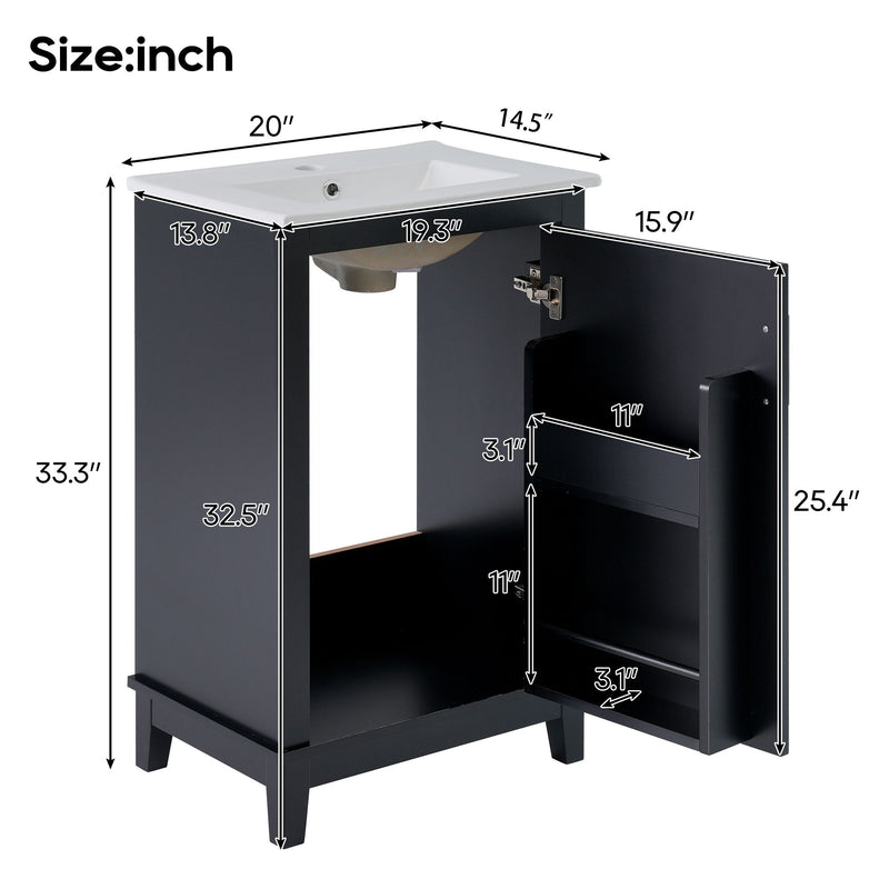 Modern Small Bathroom Vanity Cabinet With Ceramic Basin, Ample Storage, 1 Soft Close Door