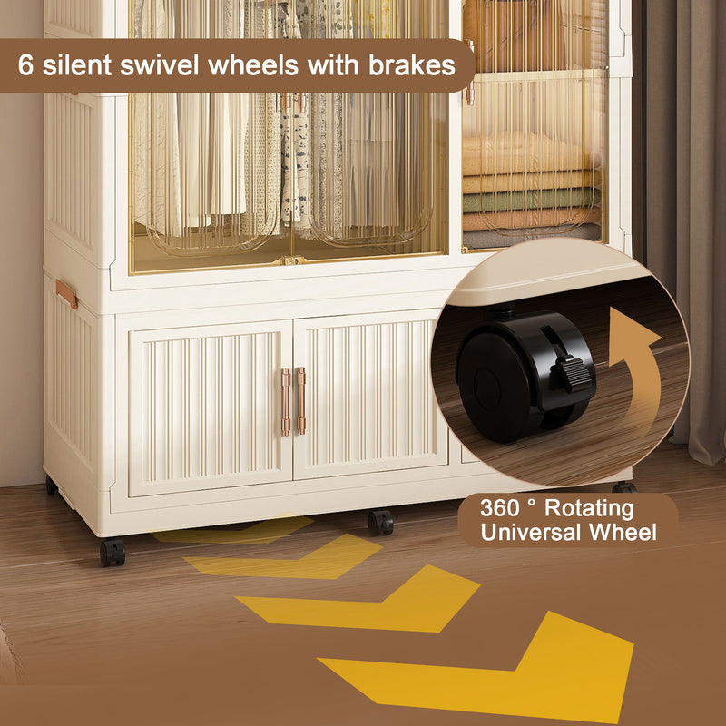Portable Wardrobe Closet Storage Organizer For Clothes, 9 Magnetic Doors With 9 Cubes & 2 Hanging Rods, 6 Hangers - Cream White