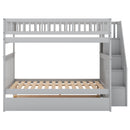 Full over Full Bunk Bed with Trundle and Staircase,Gray