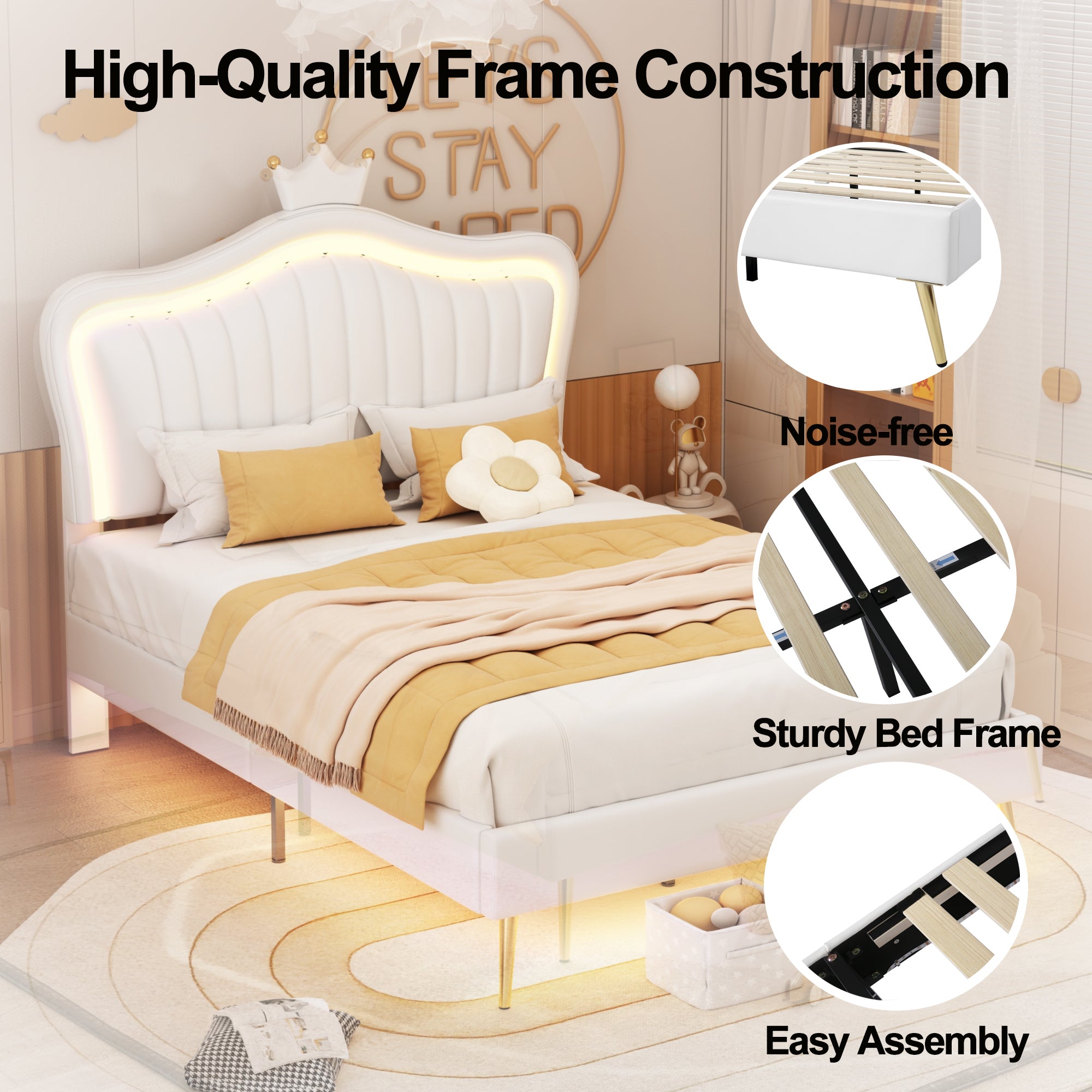 Full Size Upholstered Bed Frame with LED Lights,Modern Upholstered Princess Bed With Crown Headboard,White - Atlantic Fine Furniture Melbourne FL