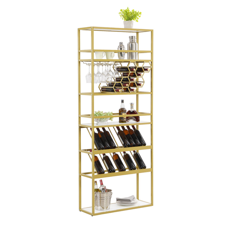 LED Tall Wine Rack Freestanding Floor, 7 Tier Wine Baker Rack With Glass Holder & Wine Storage, Industrial Wine Display Shelf Wine Bar Cabinet For Bar, Kitchen, Dining Room