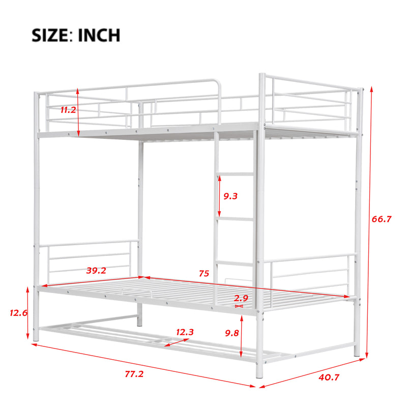 Twin Over Twin Metal Bunk Bed with Shelf and Guardrails, White