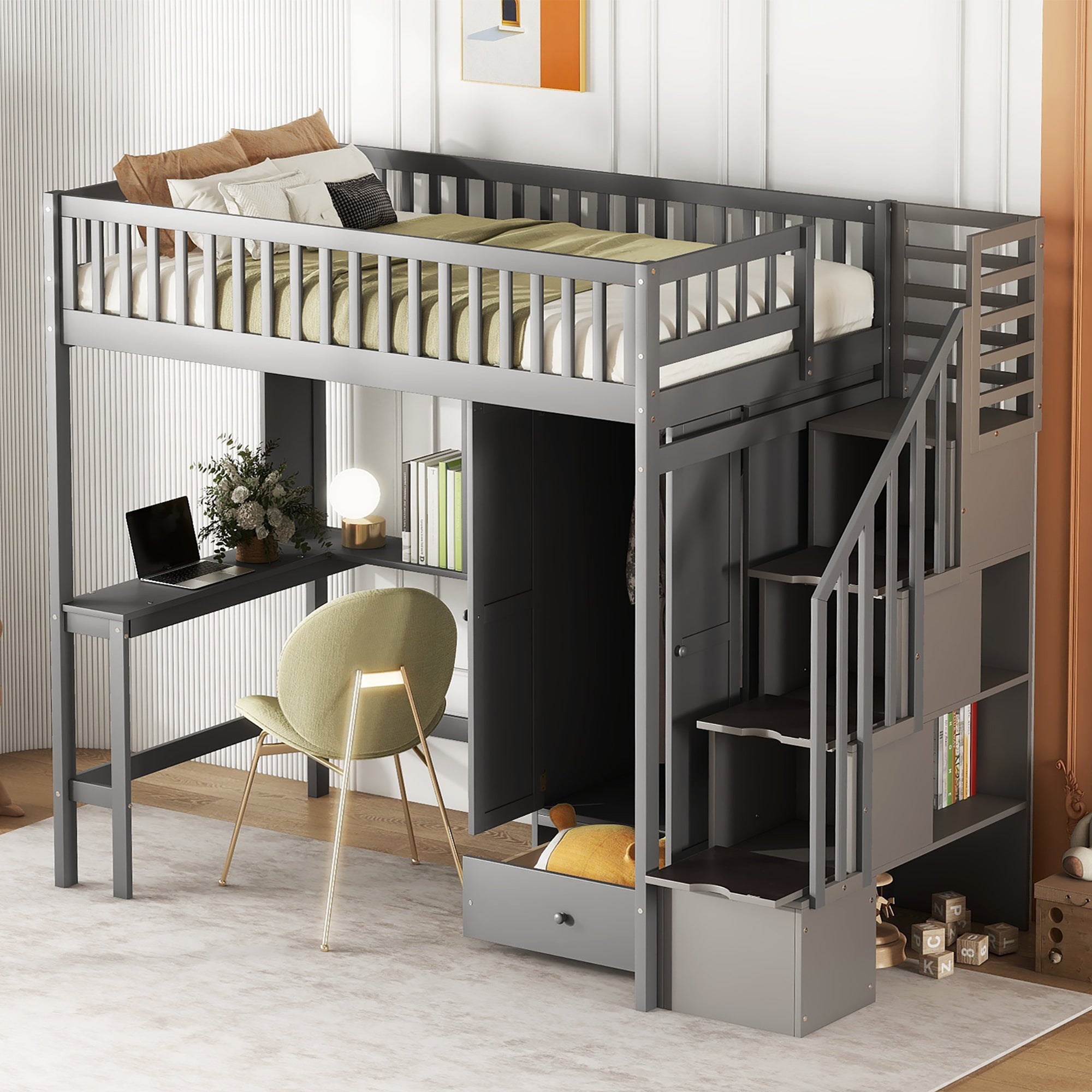 Twin size Loft Bed with Bookshelf,Drawers,Desk,and Wardrobe-Gray - Atlantic Fine Furniture Melbourne FL