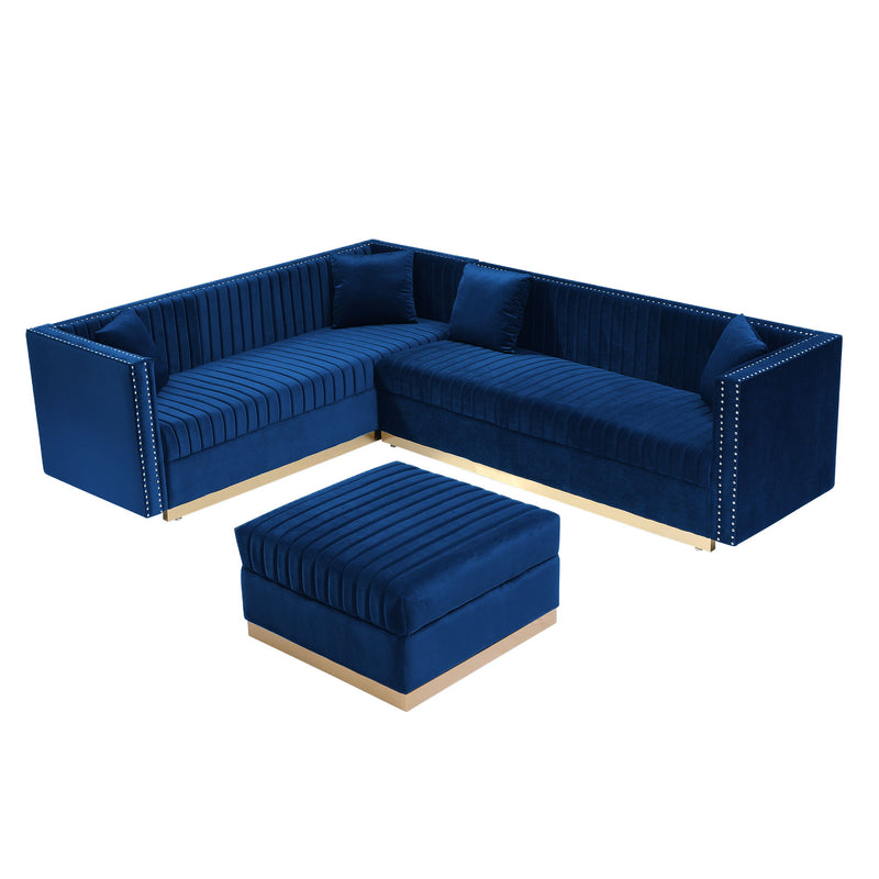 Contemporary Vertical Channel Tufted Velvet Sectional Sofa For Living Room Apartment With Ottoman And 4 Pillows