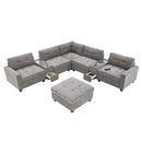 Sectional With Acrylic Table Top U Shaped Couch Set With 2 Consoles USB Charger, Storage Drawers And Pockets Movable Ottoman Tufted Sofa