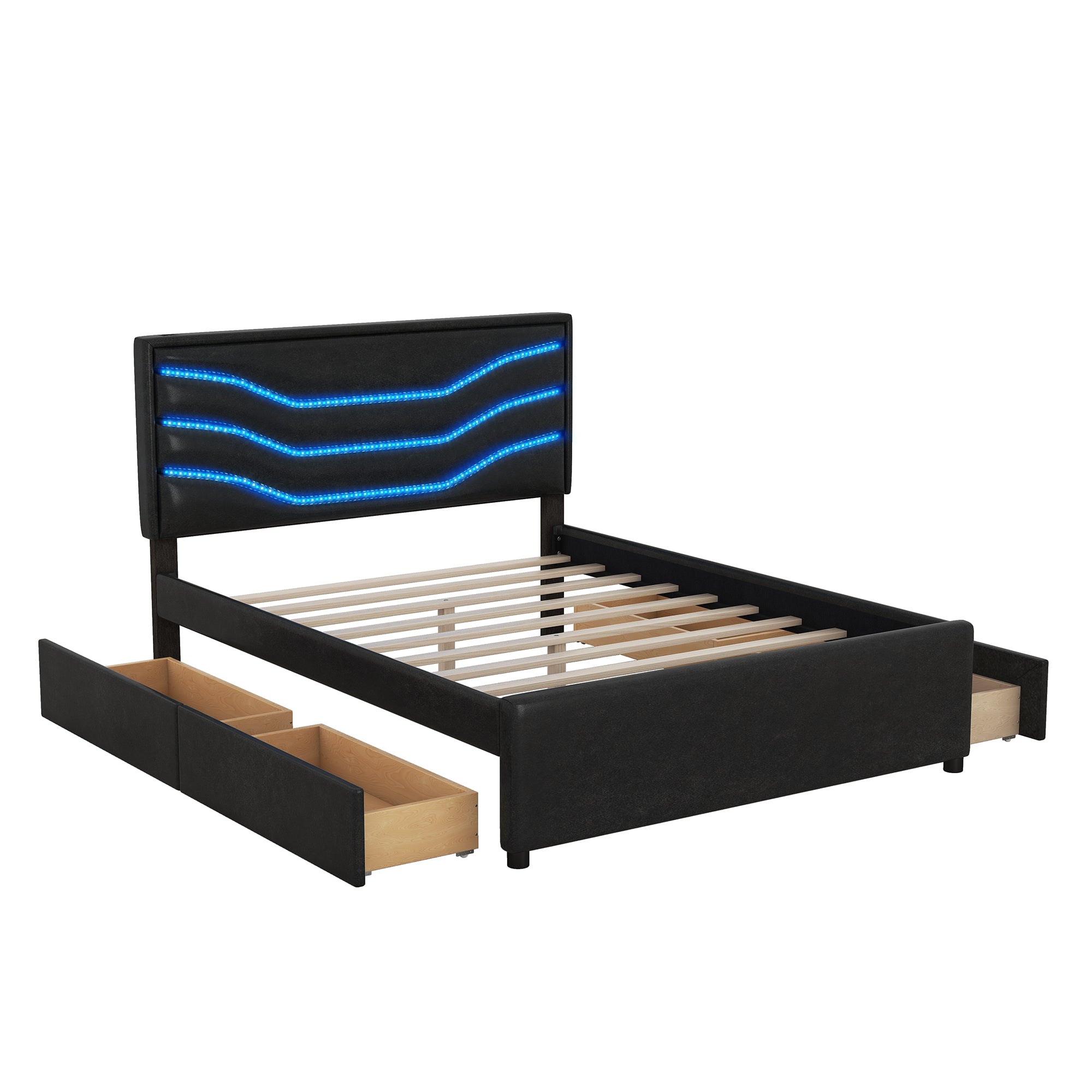 Queen Size Upholstered Storage Platform Bed with LED, 4 Drawers and USB Charging, Black - Atlantic Fine Furniture Melbourne FL
