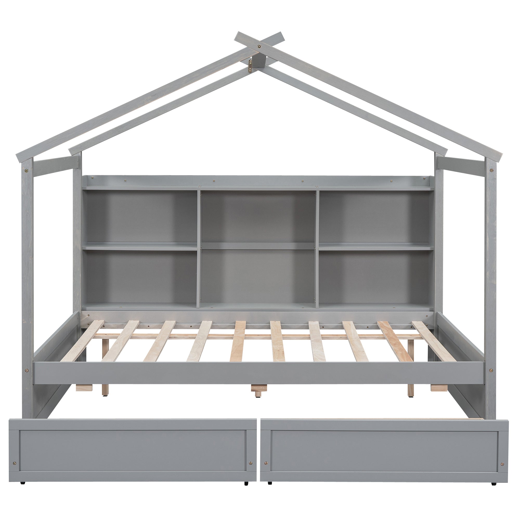 Full Size House Bed with Storage Shelves and 2 Drawers, Brushed Gray - Atlantic Fine Furniture Melbourne FL