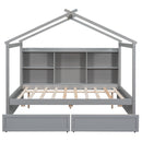 Full Size House Bed with Storage Shelves and 2 Drawers, Brushed Gray