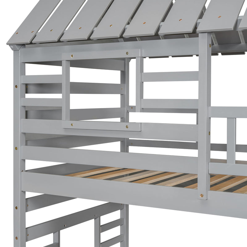 House Bunk Bed With Trundle, Storage Staircase, Roof And Window Design
