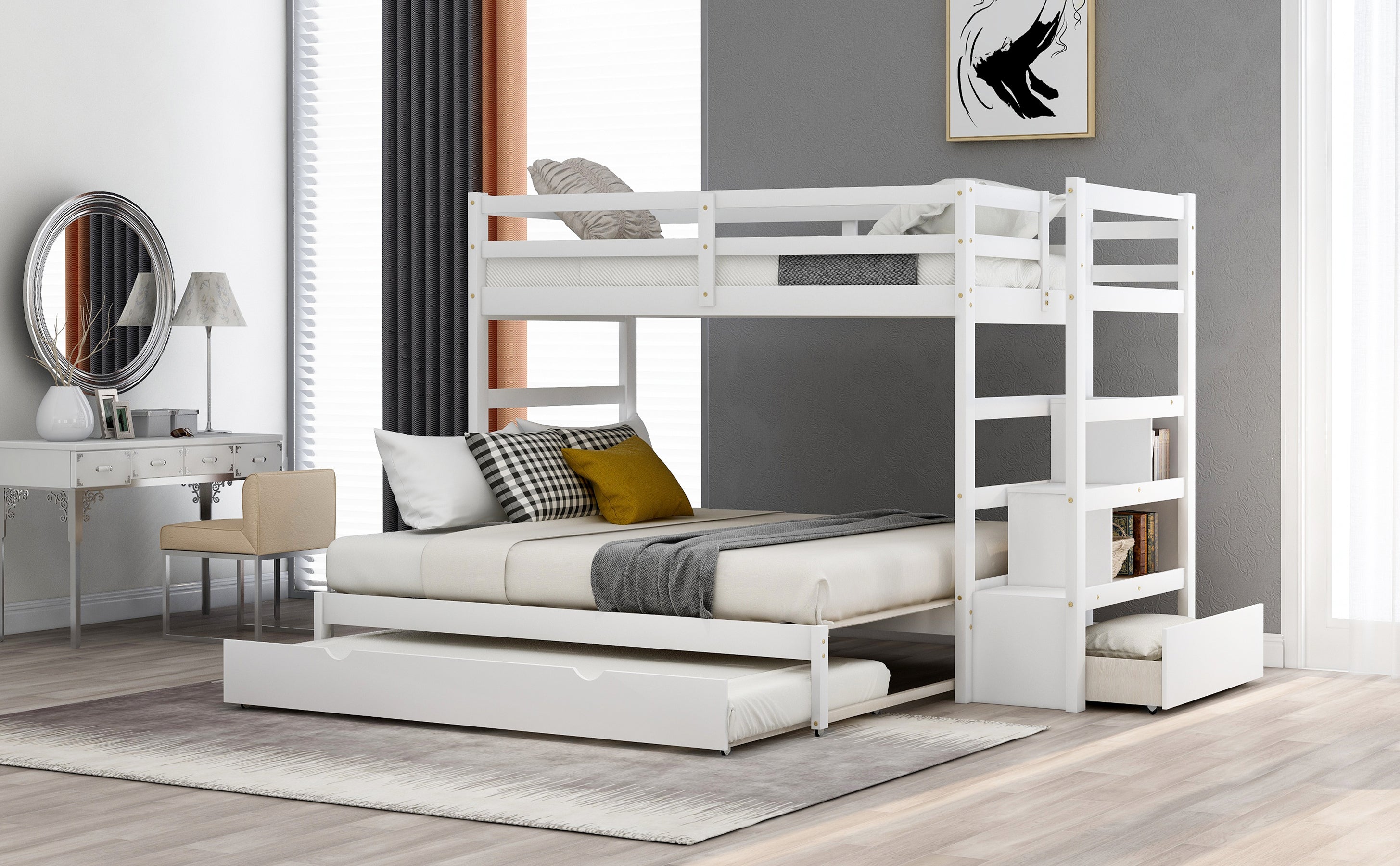 Twin over Twin/King (Irregular King Size) Bunk Bed with Twin Size Trundle, Extendable Bunk Bed   (White)(OLD SKU :LP000032AAK) - Atlantic Fine Furniture Melbourne FL