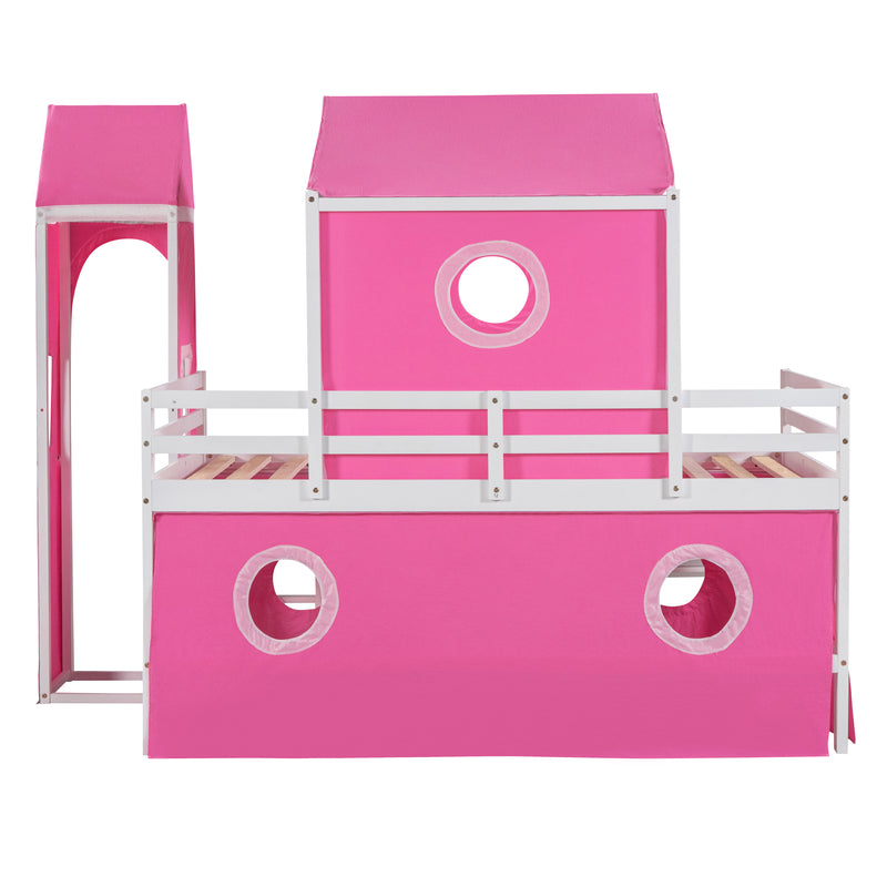 Twin Size Bunk Bed with Slide Pink Tent and Tower - Pink