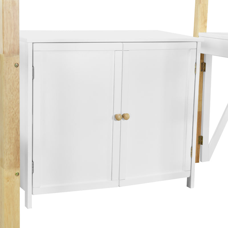 Twin Size Wood Loft Bed With Built-in Storage Cabinet and Cubes, Foldable desk, White