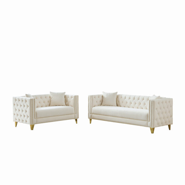3 And 2 Seater Deep Seat Sofa With Button Nailhead, Square Arm Couches, Furniture For Living Room - Beige