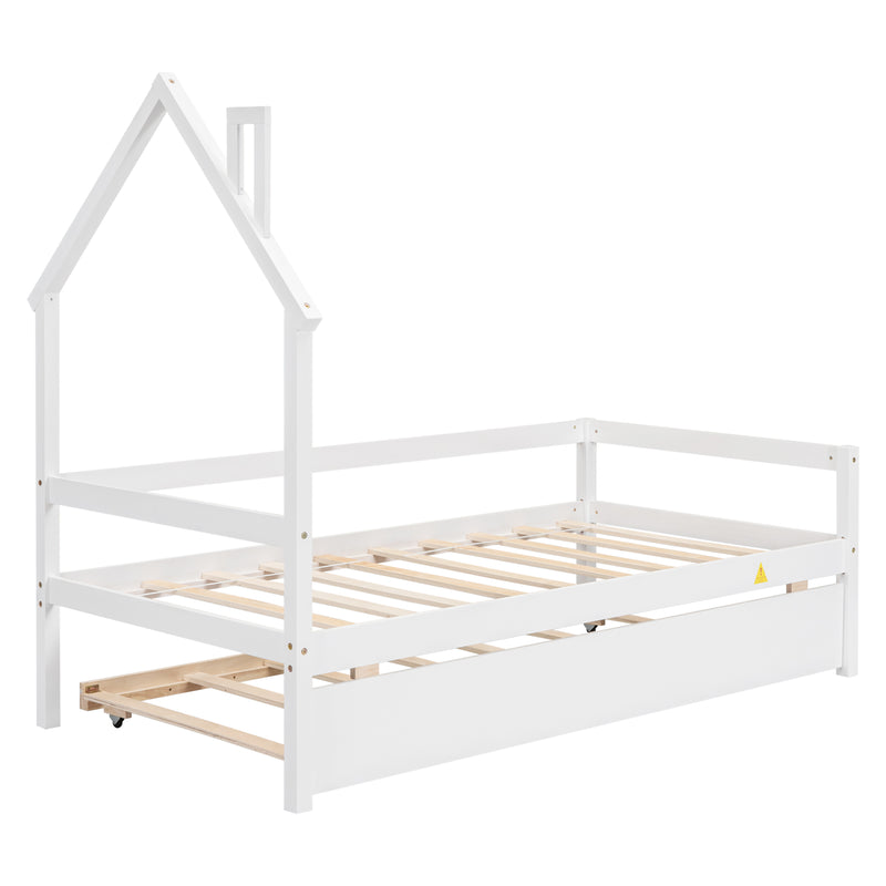 Twin House Wooden Daybed with trundle, Twin House-Shaped Headboard  bed with Guardrails,White