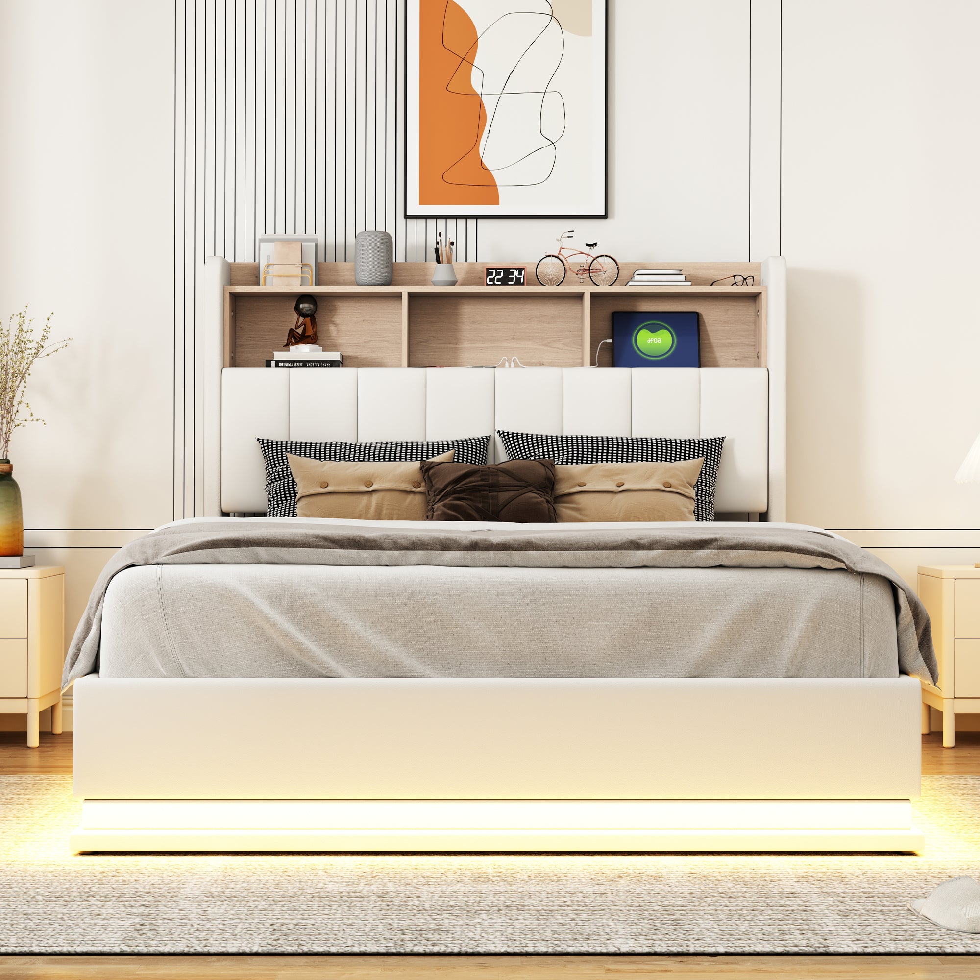 Queen Size  Upholstered Platform Bed with Storage Headboard and Hydraulic Storage System, PU Storage Bed with LED Lights and USB charger, White - Atlantic Fine Furniture Melbourne FL