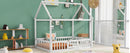 Full Size Wood House Bed with Fence and Door, White Wash