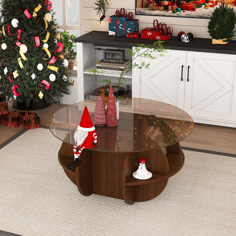 Round Coffee Table With Storage For Living Room - Walnut