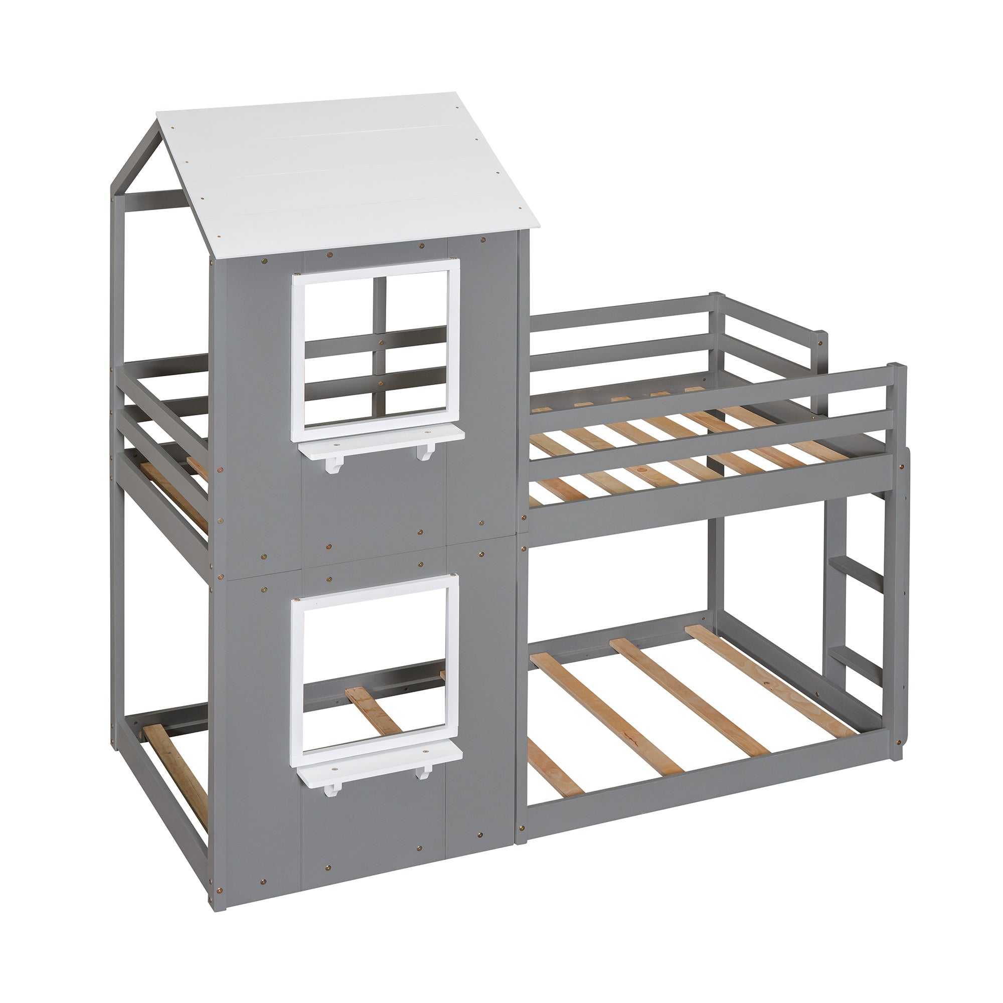 Twin Over Twin Bunk Bed Wood Bed with Roof, Window, Guardrail, Ladder (White) - Atlantic Fine Furniture Melbourne FL