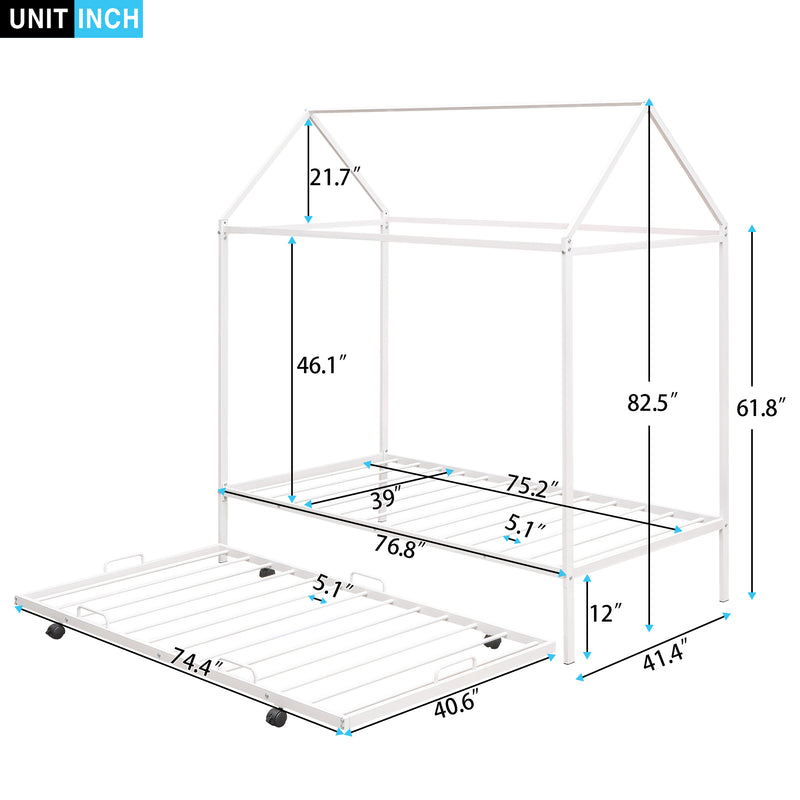 Twin Size Kids House Bed With Trundle, Metal House Bed White