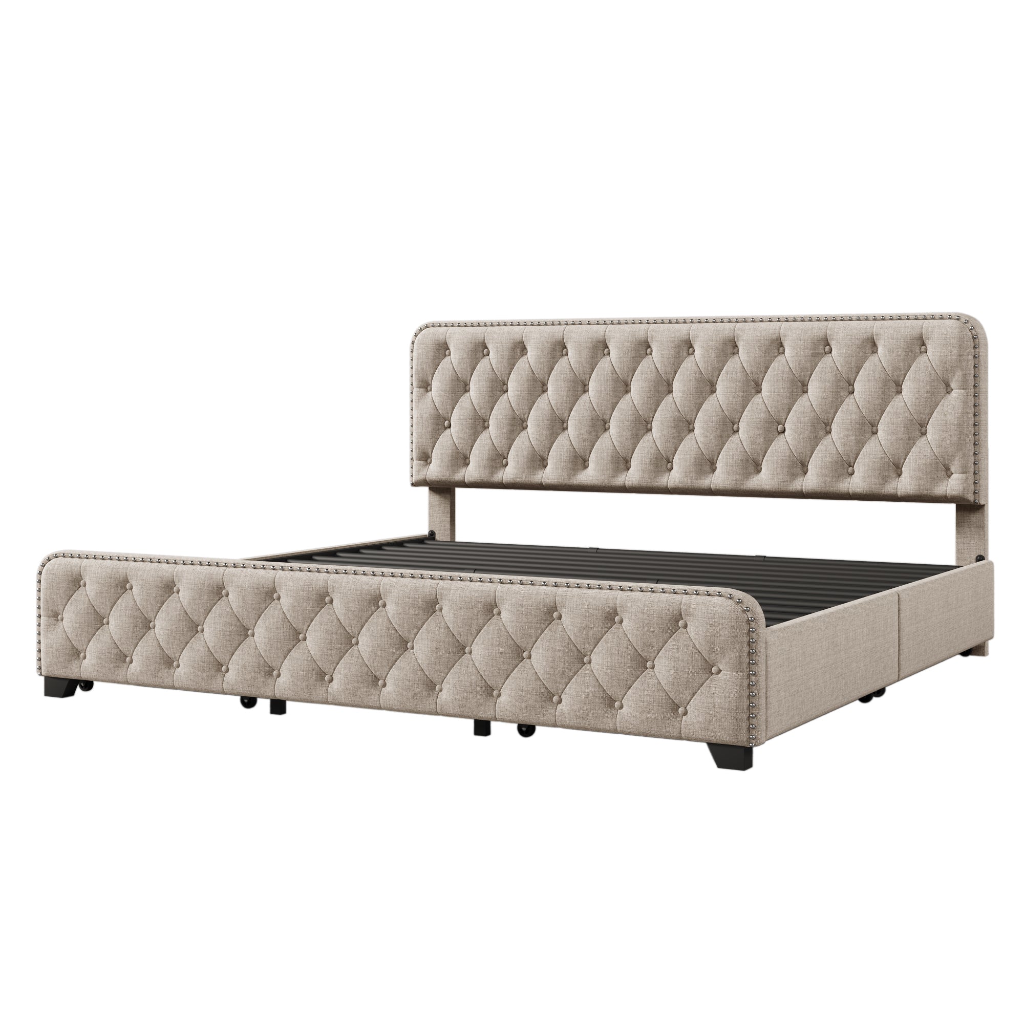 Upholstered Platform Bed Frame with Four Drawers, Button Tufted Headboard and Footboard Sturdy Metal Support, No Box Spring Required, Beige, King (Old sku:BS300277AAA) - Atlantic Fine Furniture Melbourne FL