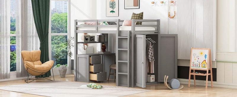 Twin size Loft Bed with Drawers,Desk,and Wardrobe-Gray