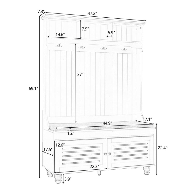 5 In 1 Entryway Bench With Shutter - Shaped Doors, Coat Rack, Cushion And 4 Sturdy Hooks, Wide Hall Tree With Storage Bench For Hallway, Entryway, Living Room