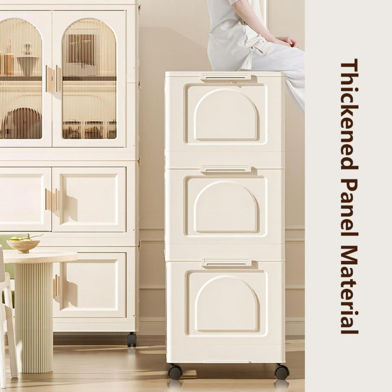 Side Wide Folding Wardrobe, With Magnetic Door, Plastic Storage Cabinet With Wheels (1 Layer Of Wardrobe + 2 Layers Of Folding Boxes + 10 Hangers) - Cream White